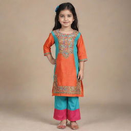 A stylish and elegant girl's kurta pants in vibrant colors, with intricate embroidery details.