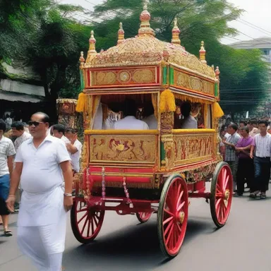 In some religious processions, believers pull a decorated wagon in honor of a specific deity or saint.
