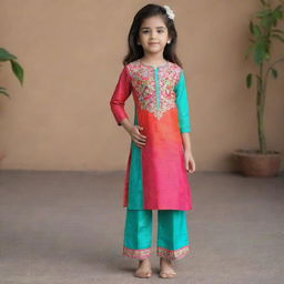 A stylish and elegant girl's kurta pants in vibrant colors, with intricate embroidery details.