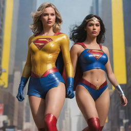 Create a full body digital illustration of DC Comics' Supergirl and Wonderwoman in an alternative yellow outfit, drawn in Kim Jung-Gi's style with perfect anatomy, dynamic poses and detailed cyberpunk elements, reflecting freedom and soul. The image should mimic concept art seen on Artstation, centered and bordering on perfection.