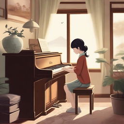 This is a high-quality digital art piece depicting a young Chinese girl, dressed in 70s fashion, engrossed in playing a piano