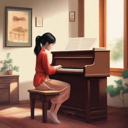 This is a high-quality digital art piece depicting a young Chinese girl, dressed in 70s fashion, engrossed in playing a piano