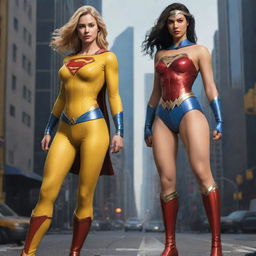 Create a full body digital illustration of DC Comics' Supergirl and Wonderwoman in an alternative yellow outfit, drawn in Kim Jung-Gi's style with perfect anatomy, dynamic poses and detailed cyberpunk elements, reflecting freedom and soul. The image should mimic concept art seen on Artstation, centered and bordering on perfection.