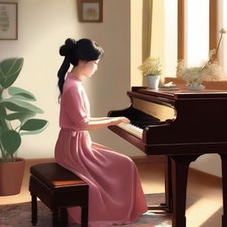 This is a high-quality digital art piece depicting a young Chinese girl, dressed in 70s fashion, engrossed in playing a piano