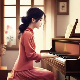 This is a high-quality digital art piece depicting a young Chinese girl, dressed in 70s fashion, engrossed in playing a piano