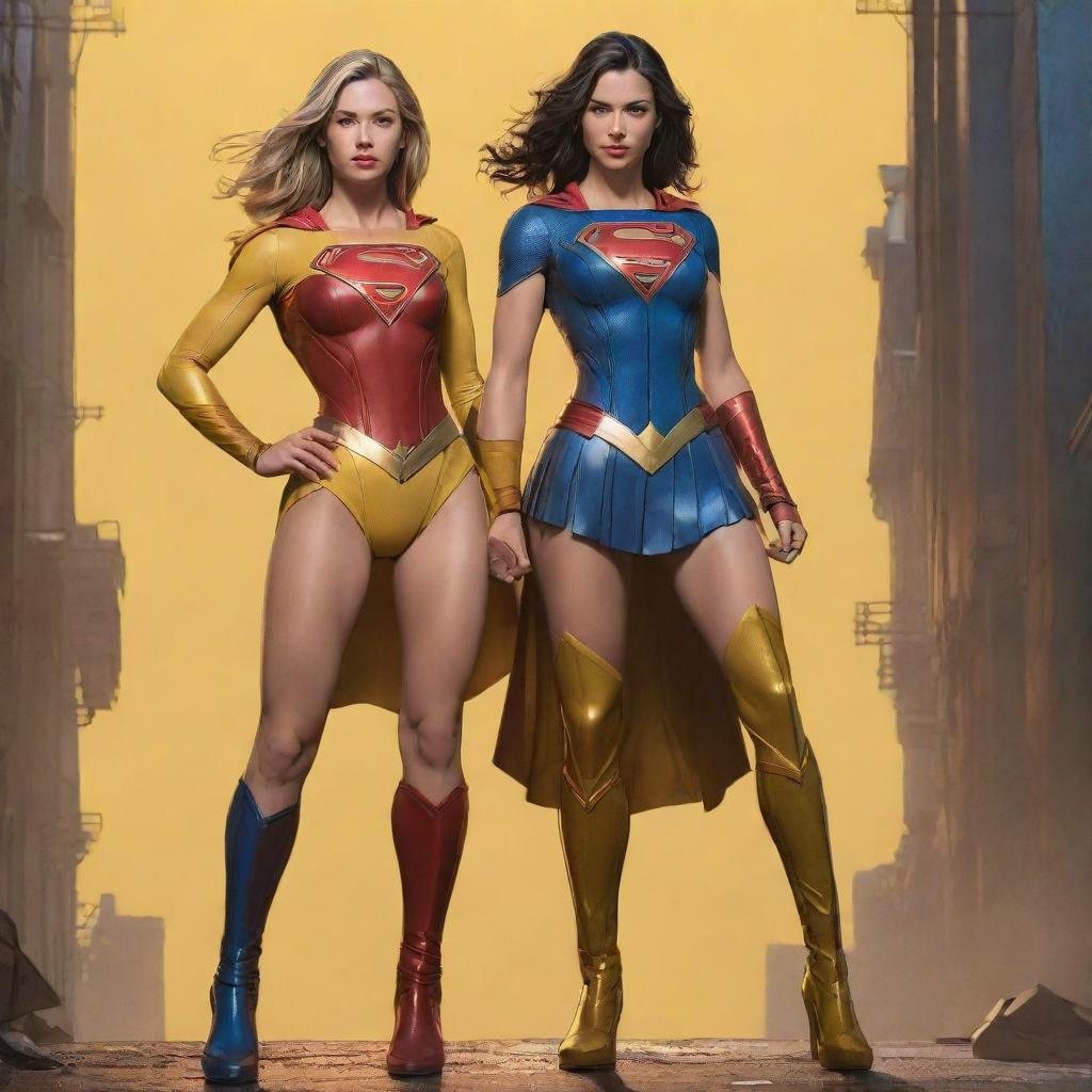 Create a full body digital illustration of DC Comics' Supergirl and Wonderwoman in an alternative yellow outfit, drawn in Kim Jung-Gi's style with perfect anatomy, dynamic poses and detailed cyberpunk elements, reflecting freedom and soul. The image should mimic concept art seen on Artstation, centered and bordering on perfection.