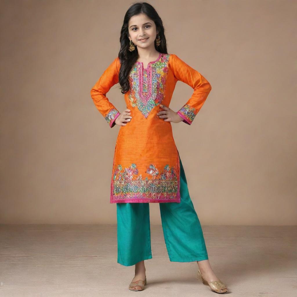 The existing image of a stylish girl's kurta pants, enhanced with more vibrant colors, intricate embroidery, and a richer texture.