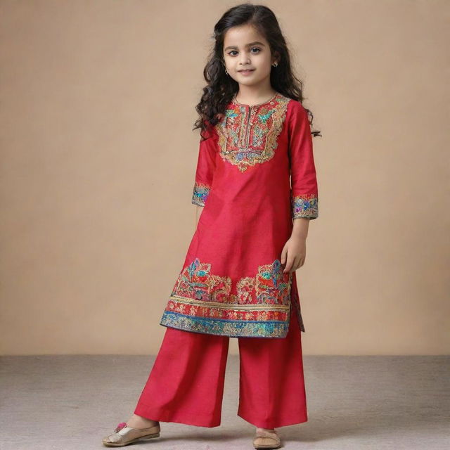 The existing image of a stylish girl's kurta pants, enhanced with more vibrant colors, intricate embroidery, and a richer texture.