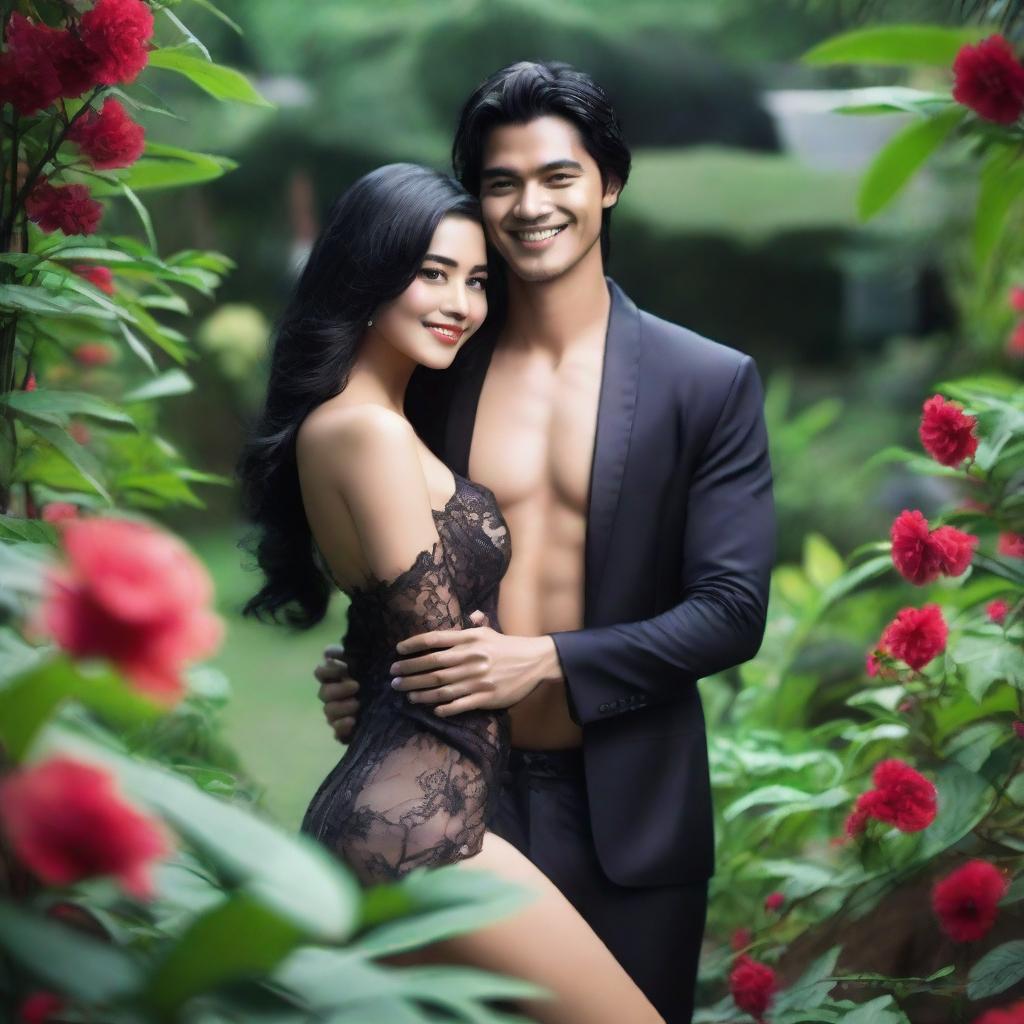 A super high-definition photograph showcasing two stunningly attractive Indonesian women with black hair, dressed in lingerie and nightwear, flirtatiously hugging a handsome man in a luxurious garden