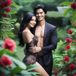 A super high-definition photograph showcasing two stunningly attractive Indonesian women with black hair, dressed in lingerie and nightwear, flirtatiously hugging a handsome man in a luxurious garden