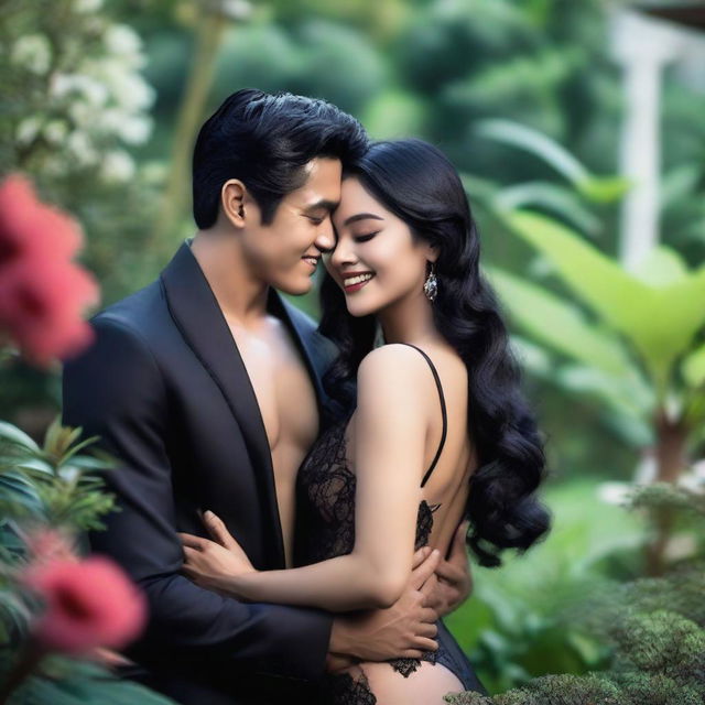 A super high-definition photograph showcasing two stunningly attractive Indonesian women with black hair, dressed in lingerie and nightwear, flirtatiously hugging a handsome man in a luxurious garden