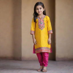 The existing image of a stylish girl's kurta pants, enhanced with more vibrant colors, intricate embroidery, and a richer texture.