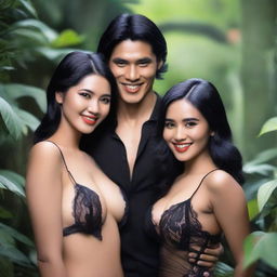 A super high-definition photograph showcasing two stunningly attractive Indonesian women with black hair, dressed in lingerie and nightwear, flirtatiously hugging a handsome man in a luxurious garden