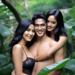 A super high-definition photograph showcasing two stunningly attractive Indonesian women with black hair, dressed in lingerie and nightwear, flirtatiously hugging a handsome man in a luxurious garden