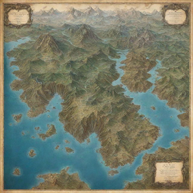 A detailed map of a fantasy world seen from above, featuring mountains, valleys, rivers, and lakes spread across four distinctive continents.