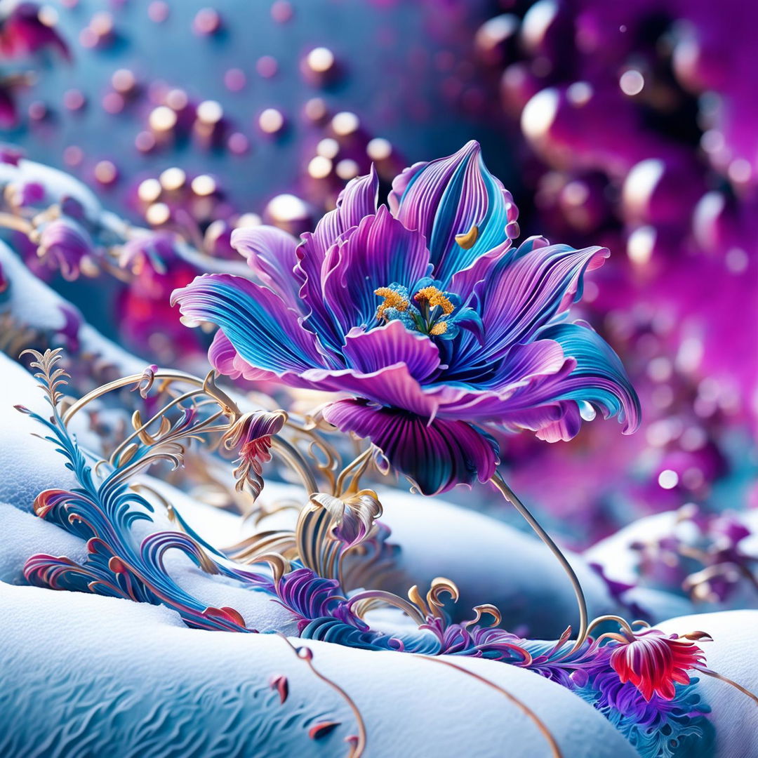 Hyper-realistic 3D Rococo photography of an alien winter landscape with vibrant colours. A close-up view of an intricately designed alien flower contrasts against the snow-covered backdrop.