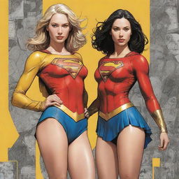 Create a highly detailed, full-body digital illustration of DC Comics' Supergirl and Wonderwoman in alternative yellow outfits. Style should reflect Kim Jung Gi's, featuring perfect anatomy and dynamic, cyberpunk elements. Embody concepts of freedom and soul, giving the piece an air of nearing perfection, centrally aligned.