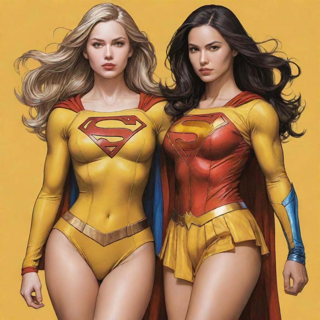 Create a highly detailed, full-body digital illustration of DC Comics' Supergirl and Wonderwoman in alternative yellow outfits. Style should reflect Kim Jung Gi's, featuring perfect anatomy and dynamic, cyberpunk elements. Embody concepts of freedom and soul, giving the piece an air of nearing perfection, centrally aligned.