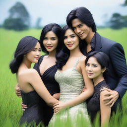 A super high-definition photograph depicts three stunningly attractive Indonesian women with black hair, dressed in sexy outfits, teasing and embracing a cool, handsome man