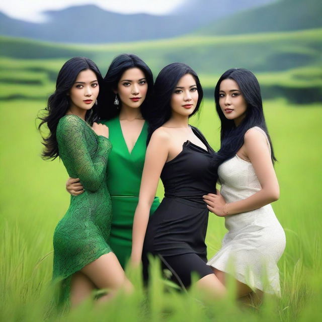 A super high-definition photograph depicts three stunningly attractive Indonesian women with black hair, dressed in sexy outfits, teasing and embracing a cool, handsome man