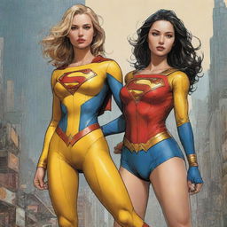 Create a highly detailed, full-body digital illustration of DC Comics' Supergirl and Wonderwoman in alternative yellow outfits. Style should reflect Kim Jung Gi's, featuring perfect anatomy and dynamic, cyberpunk elements. Embody concepts of freedom and soul, giving the piece an air of nearing perfection, centrally aligned.