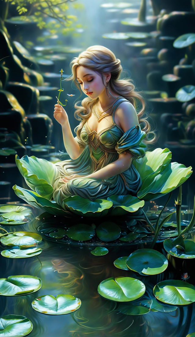 High-definition, photorealistic digital art of a tiny goddess on a lotus leaf in a river, with stunning composition in an ethereal environment.