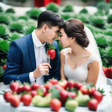 The couple savored the succulent strawberries together, enjoying the sweet juice that symbolized their love and passion.