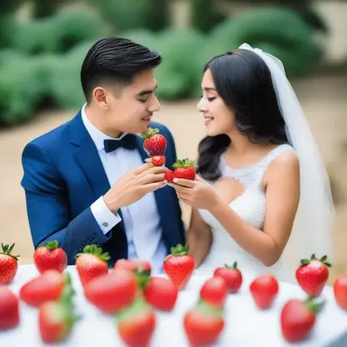 The couple savored the succulent strawberries together, enjoying the sweet juice that symbolized their love and passion.