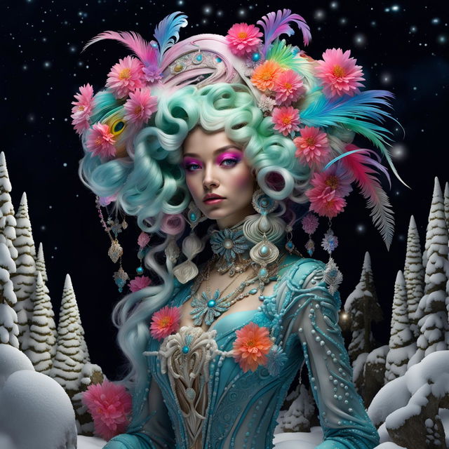 A hyper-realistic 3D photograph of an alien woman in rococo attire amidst a snowy landscape. She is adorned with vibrant flowers and her appearance exudes an eerie, fantasy vibe.