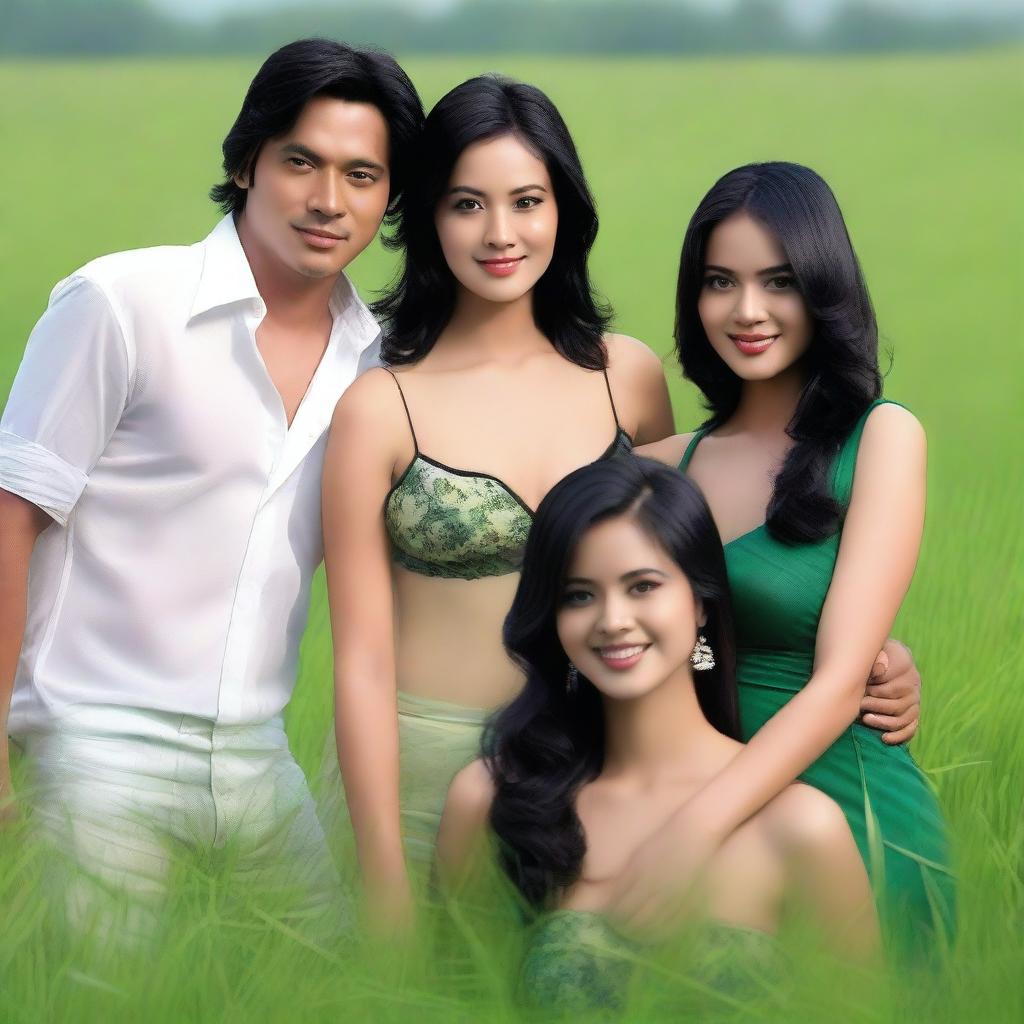 A super high-definition photograph showcasing three stunningly attractive Indonesian women with black hair, dressed in sexy transparent clothing, flirtatiously embracing and teasing a handsome, cool man, set in a green meadow