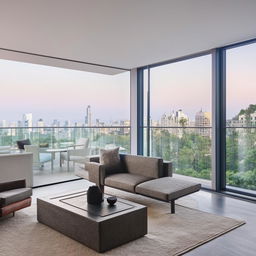 Modern interior design with minimalist furniture and expansive windows showing a cityscape view.