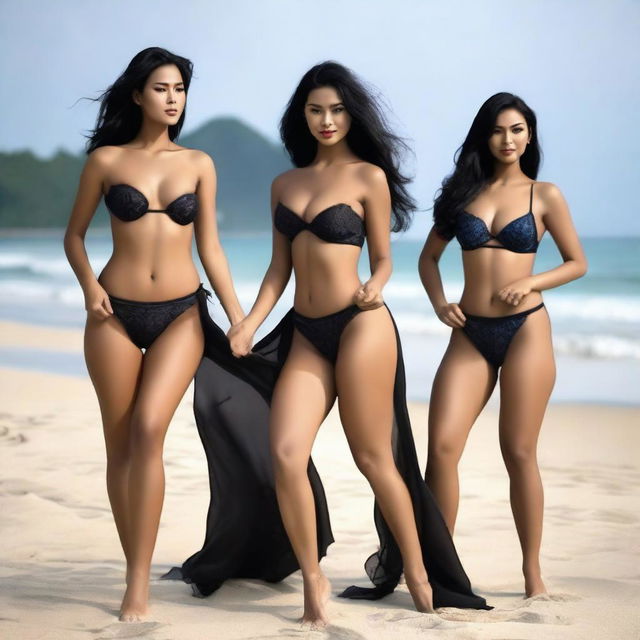 A super high-definition photograph showcasing three beautiful Indonesian women with sexy bodies and black hair, dressed in seductive lingerie, performing an erotic dance on the edge of a beach