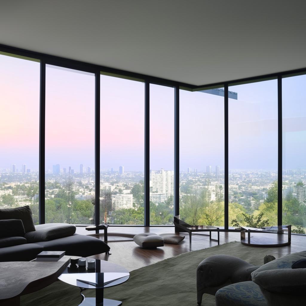 Modern interior design with minimalist furniture and expansive windows showing a cityscape view.