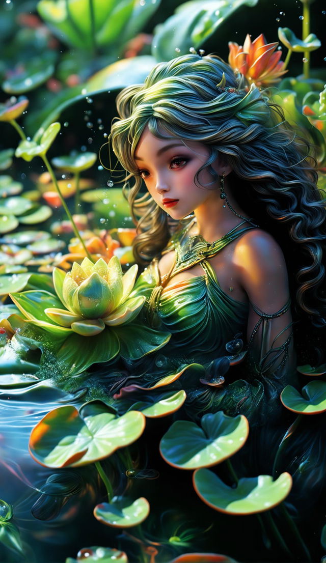 Ultra-close up CGI photograph of a tiny goddess floating down a river on a vibrant green lotus leaf, surrounded by a lush riverbank under a dappled sunlight.