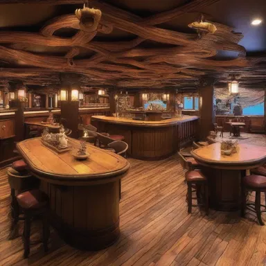The themed restaurant was designed with a pirate theme, featuring elements such as a ship-shaped bar and a treasure chest as a centerpiece.