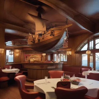The themed restaurant was designed with a pirate theme, featuring elements such as a ship-shaped bar and a treasure chest as a centerpiece.