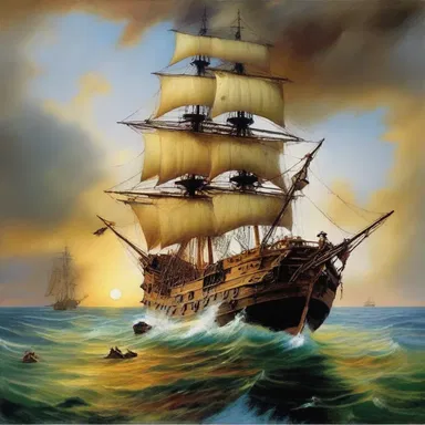 The famous painting 'The Pirate Ship' depicts a fearsome pirate stealing treasure from a sinking ship.