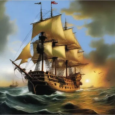The famous painting 'The Pirate Ship' depicts a fearsome pirate stealing treasure from a sinking ship.