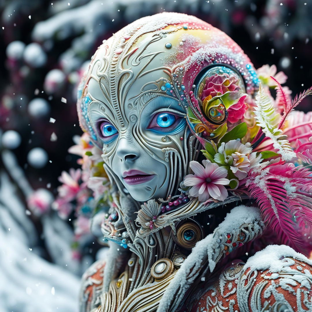 Hyper-realistic 3D Rococo-inspired photograph featuring an alien adorned with vibrant flowers against a snowy landscape.