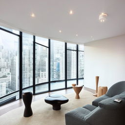 Modern interior design with minimalist furniture and expansive windows showing a cityscape view.