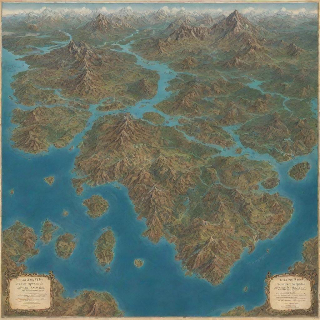 A detailed map of a fantasy world seen from above, showing mountains, valleys, rivers, and lakes across four distinct continents.