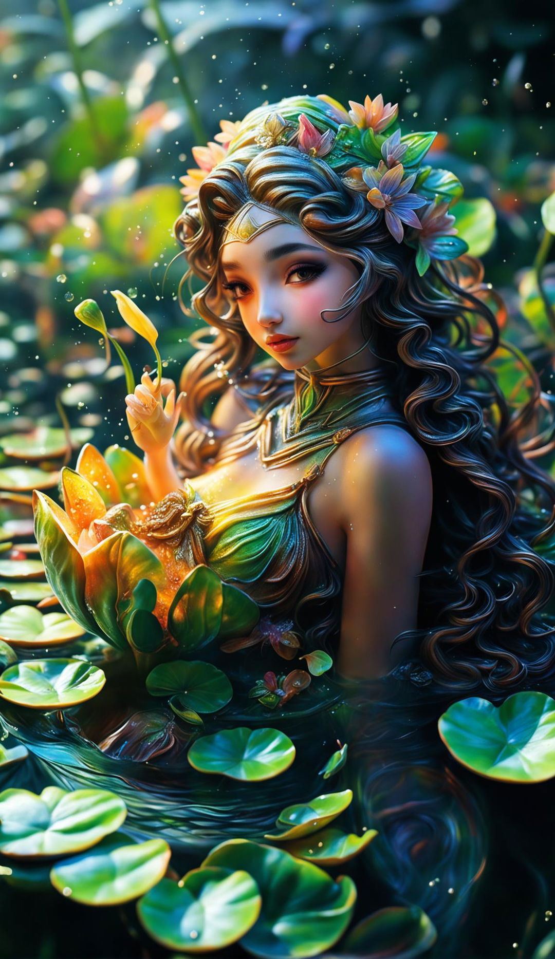 Ultra-close up CGI photograph of a tiny goddess with a detailed, intricate, and beautiful face floating down a river on a vibrant green lotus leaf, surrounded by a lush riverbank under dappled sunlight.