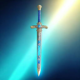 A digital art representation of a majestic sword, glowing in a radiant shade of blue