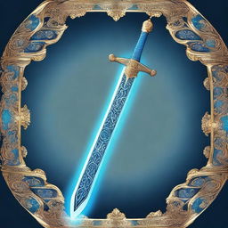 A digital art representation of a majestic sword, glowing in a radiant shade of blue