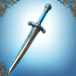 A digital art representation of a majestic sword, glowing in a radiant shade of blue