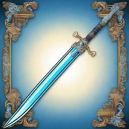 A digital art representation of a majestic sword, glowing in a radiant shade of blue