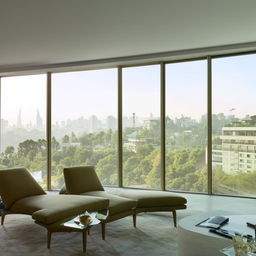 Modern interior design with minimalist furniture and expansive windows showing a cityscape view.