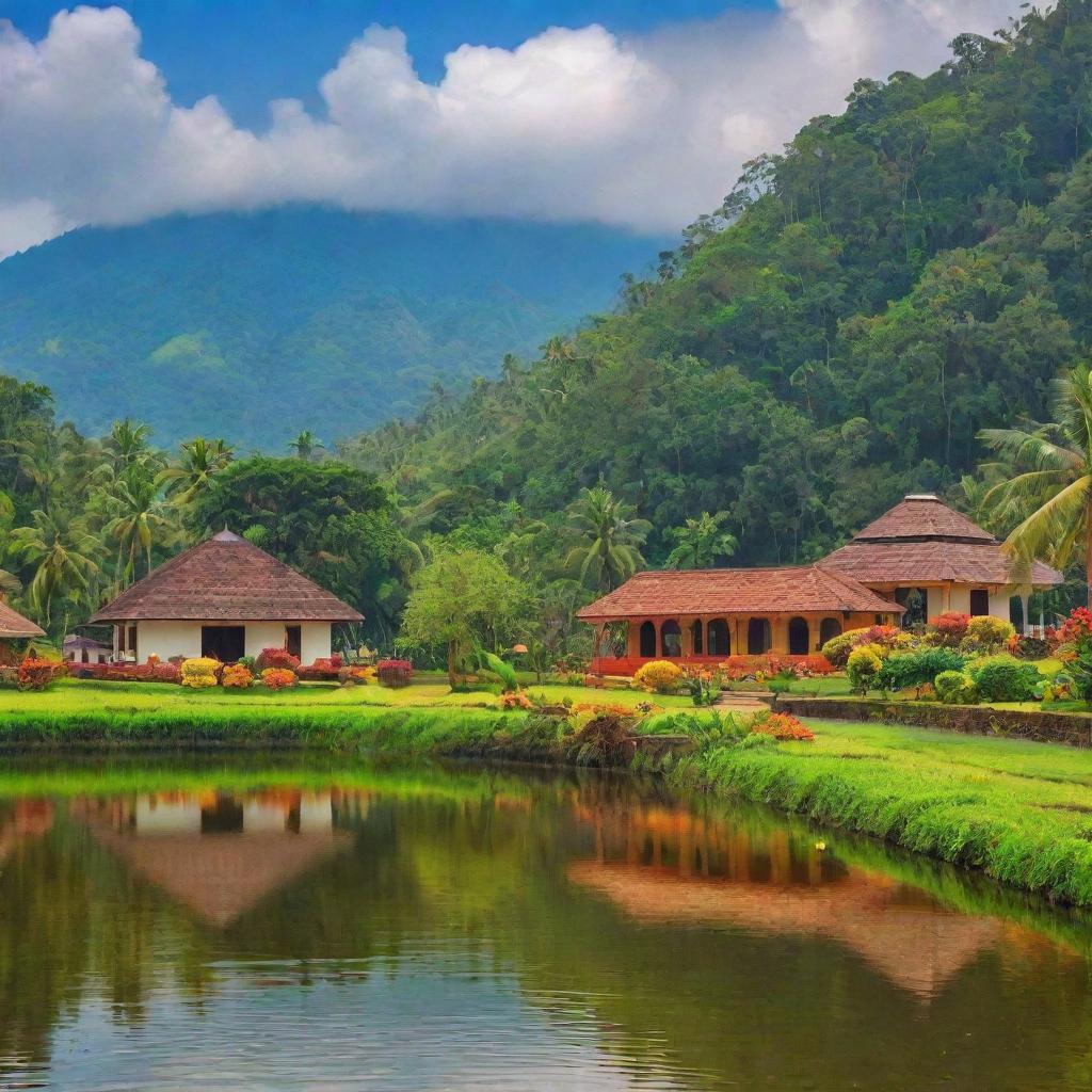 A picturesque view of the state of Onam, filled with vibrant colors, stunning natural scenery, and diverse architecture.