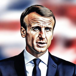 A high-quality digital art piece depicting Emmanuel Macron, the President of France, in a formal suit, passionately delivering a speech