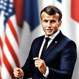 A high-quality digital art piece depicting Emmanuel Macron, the President of France, in a formal suit, passionately delivering a speech